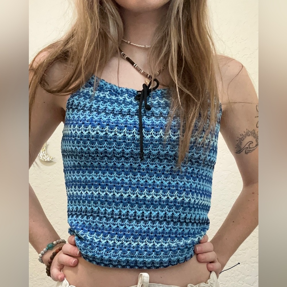 Black and blue crochet tank top